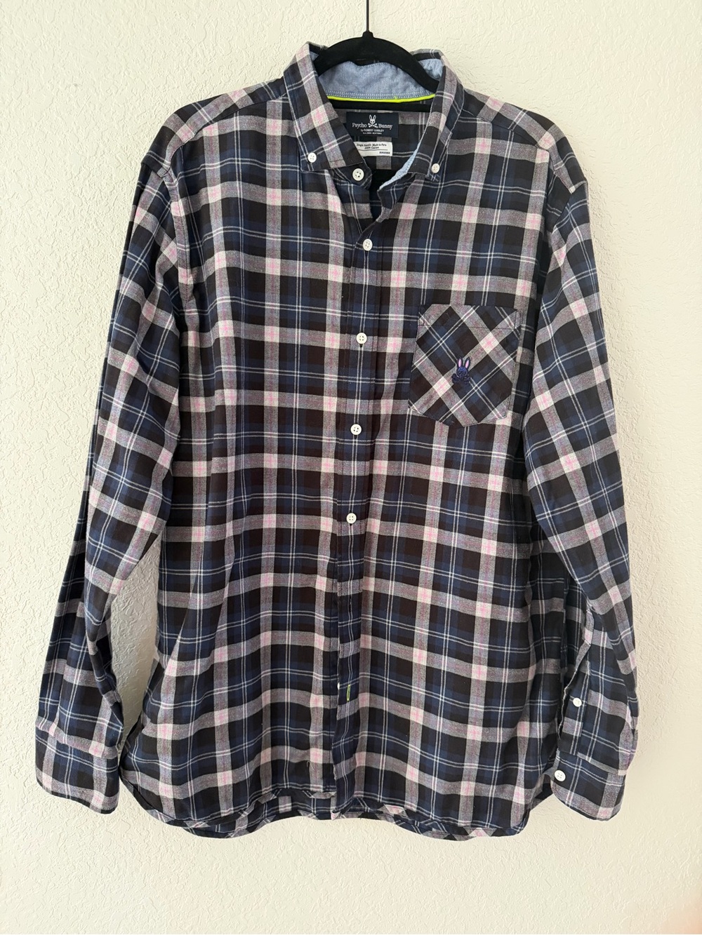Psycho Bunny Plaid Button Down Shirt Pima Cotton Mens XL Gray Pink Black